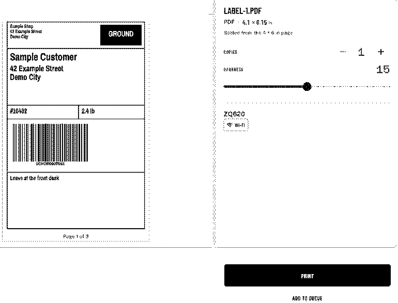 zPrint imprimiendo un PDF: la vista previa de la etiqueta de envío, copias, oscuridad y una ZQ620 por Wi-Fi, con Print y Add to queue