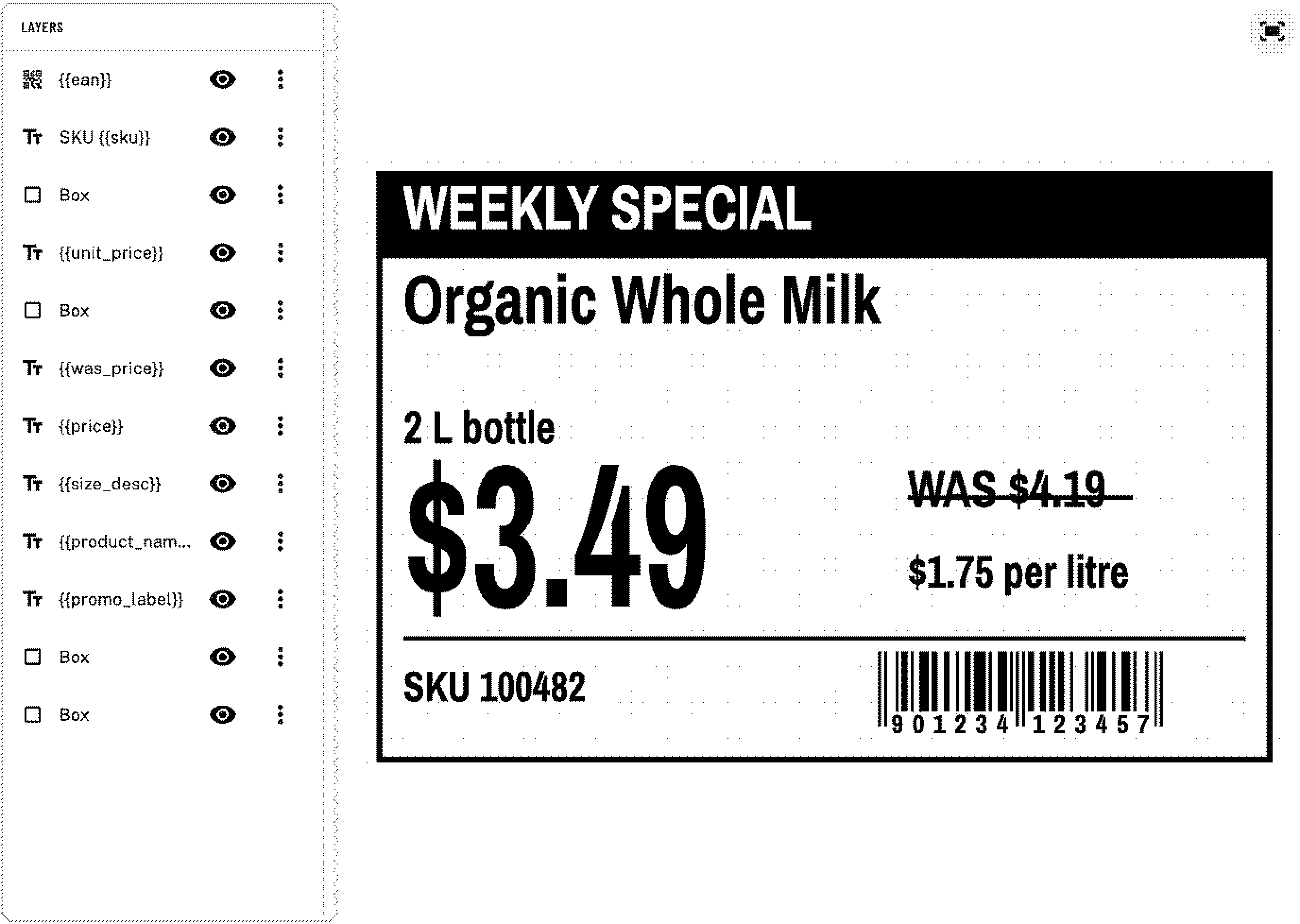 zPrint label editor: the layers list beside a shelf price tag on the canvas, with its barcode and price fields
