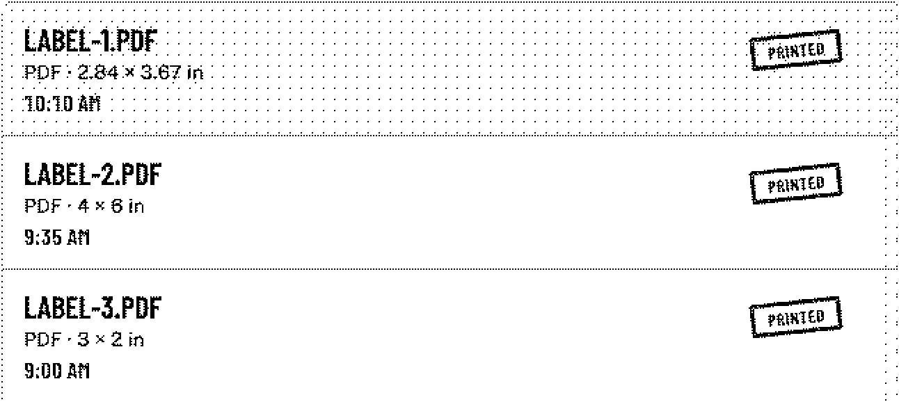 zPrint jobs list for today: three PDF labels, each with its size and time and a PRINTED stamp